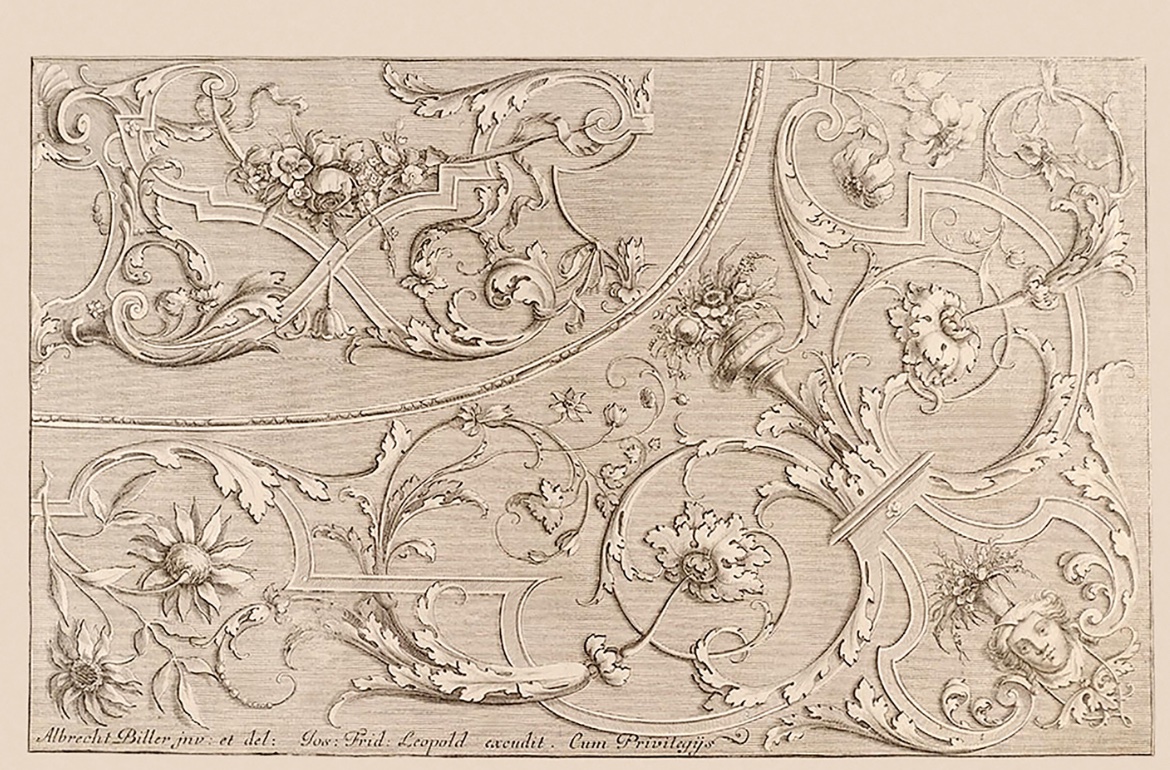 Baroque ornamental engraving of acanthus scrolls, flowers and an urn